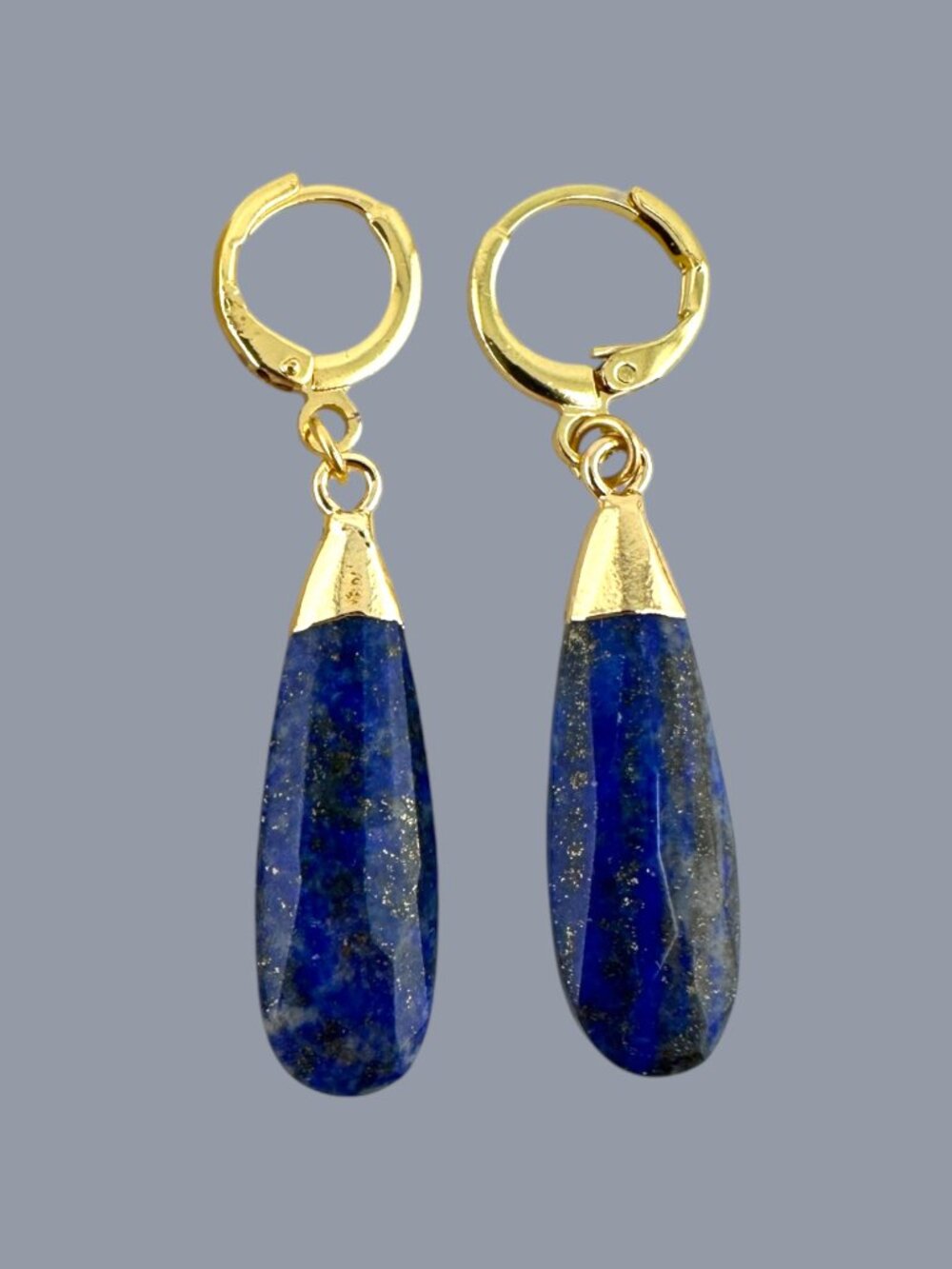 Lapis Lazuli Earrings 18K Gold Filled Hoops Faceted Blue Gemstone Drops - Picture 9 of 10